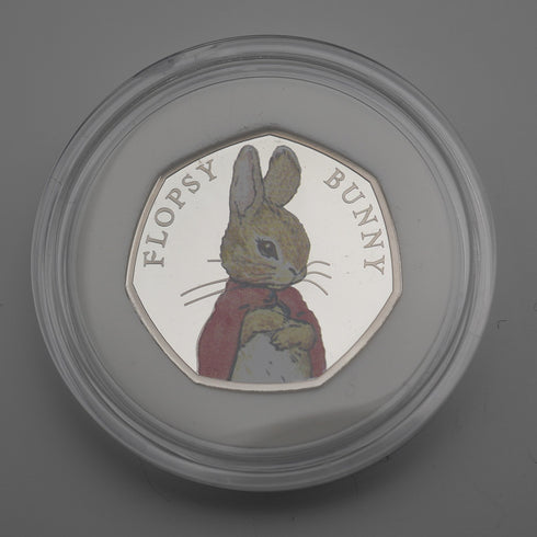 United Kingdom Beatrix Potter 150th Anniversary "Flopsy Bunny" 50p Proof Silver Coin Royal Mint, with Case and Certificate of Authenticity 23782