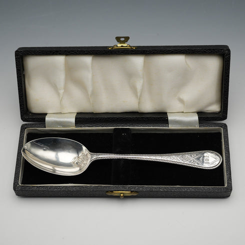 1866 British Antique Solid Silver Christening Spoon, 37g, Cased, Martin, Hall & Co
