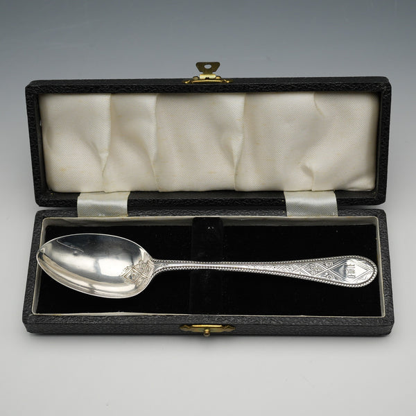 1866 British Antique Solid Silver Christening Spoon, 37g, Cased, Martin, Hall & Co