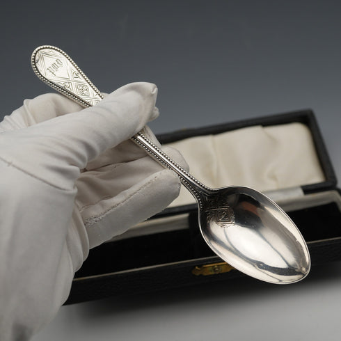 1866 British Antique Solid Silver Christening Spoon, 37g, Cased, Martin, Hall & Co