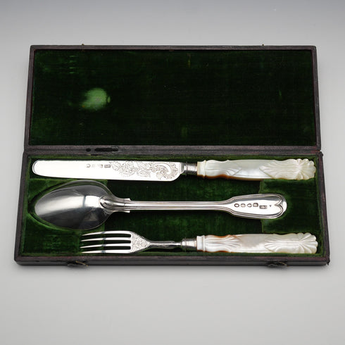 Circa 1838 English Antique Sterling Silver & Mother-of-Pearl Christening Cutlery Set in Case by Samuel Harwood