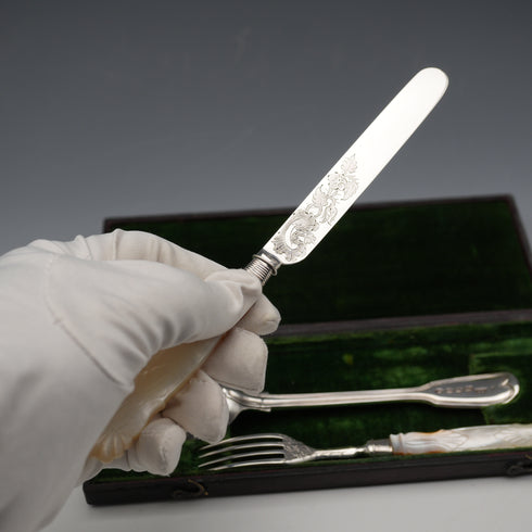 Circa 1838 English Antique Sterling Silver & Mother-of-Pearl Christening Cutlery Set in Case by Samuel Harwood