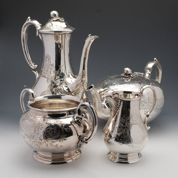 Circa 1900 British Antique Silver Plated Tea and Coffee Set by Martin & Hall