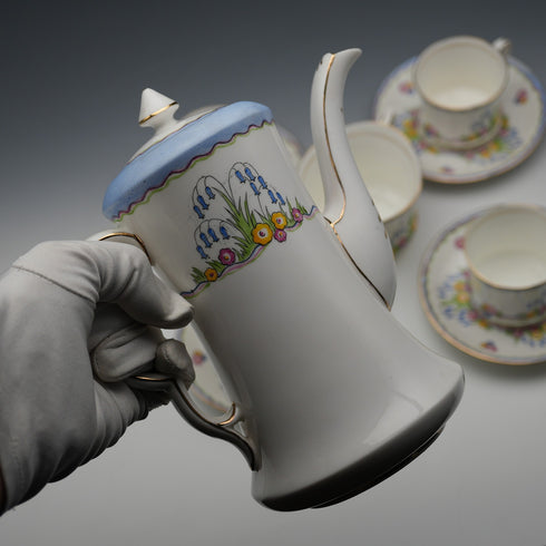 UK Vintage Carlton China Coffee Pot, Cream Jug, and 4 Demitasse Cups & Saucers
