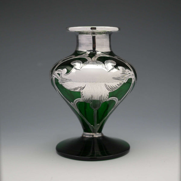 Antique Art Nouveau Silver Overlay Green Glass Vase