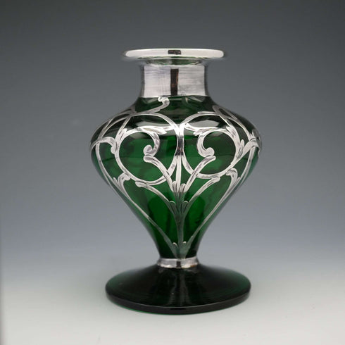 Antique Art Nouveau Silver Overlay Green Glass Vase
