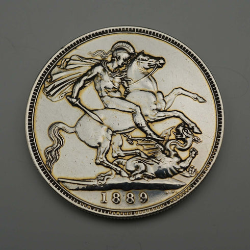 英国アンティーク 1889年 クラウン銀貨 ジュビリーヘッド/聖ジョージの竜退治 28g