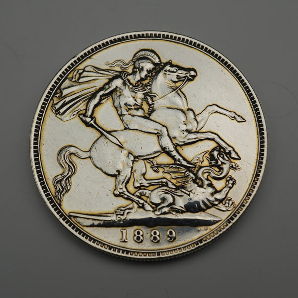 英国アンティーク 1889年 クラウン銀貨 ジュビリーヘッド/聖ジョージの竜退治 28g