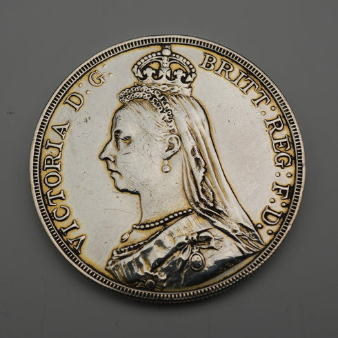 英国アンティーク 1889年 クラウン銀貨 ジュビリーヘッド/聖ジョージの竜退治 28g