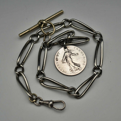 アンティーク シルバープレート製 トロンボーン アルバートチェーン 1フラン銀貨フォブ