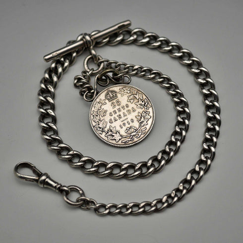 1893年 英国アンティーク 純銀製 アルバートチェーン 35g カナダ25セント銀貨フォブ