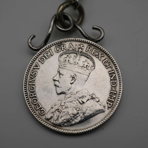 1893年 英国アンティーク 純銀製 アルバートチェーン 35g カナダ25セント銀貨フォブ
