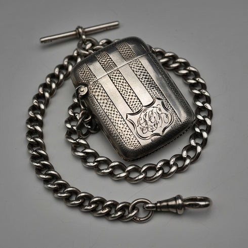 Circa 1900 British Antique Sterling Silver Albert Chain 48g Sterling Silver Vesta Case Fob