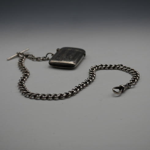 Circa 1900 British Antique Sterling Silver Albert Chain 48g Sterling Silver Vesta Case Fob