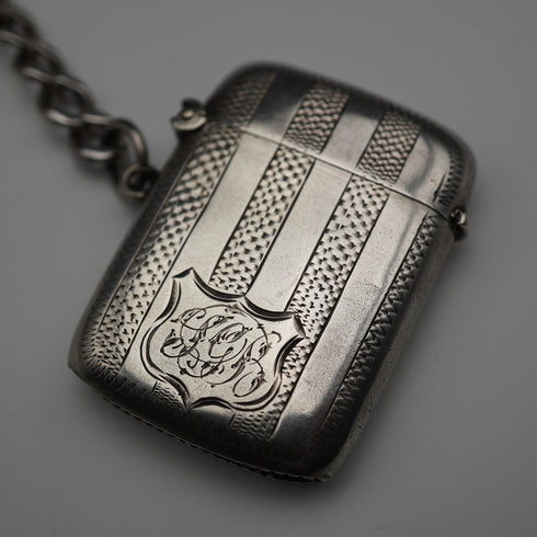 Circa 1900 British Antique Sterling Silver Albert Chain 48g Sterling Silver Vesta Case Fob