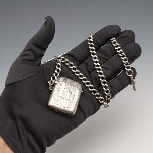Circa 1900 British Antique Sterling Silver Albert Chain 48g Sterling Silver Vesta Case Fob