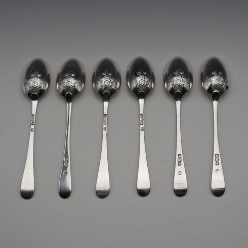 1896 Antique English Sterling Silver Picture-back Teaspoons, Set of 6, Total 84g, by Thomas Bradbury & Sons, Cased