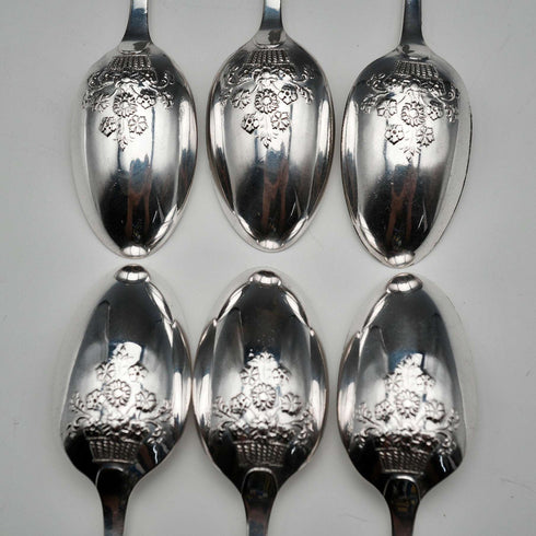 1896 Antique English Sterling Silver Picture-back Teaspoons, Set of 6, Total 84g, by Thomas Bradbury & Sons, Cased