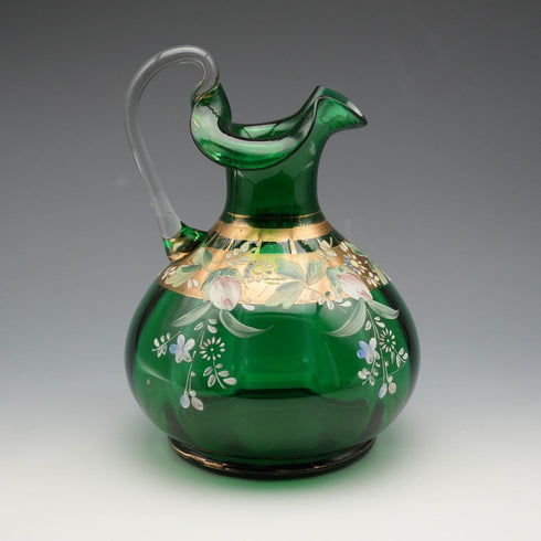 British Vintage Enamel Decorated Green Glass Handled Vase