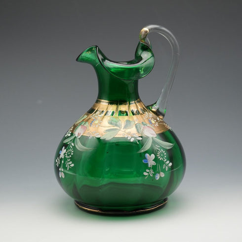 British Vintage Enamel Decorated Green Glass Handled Vase