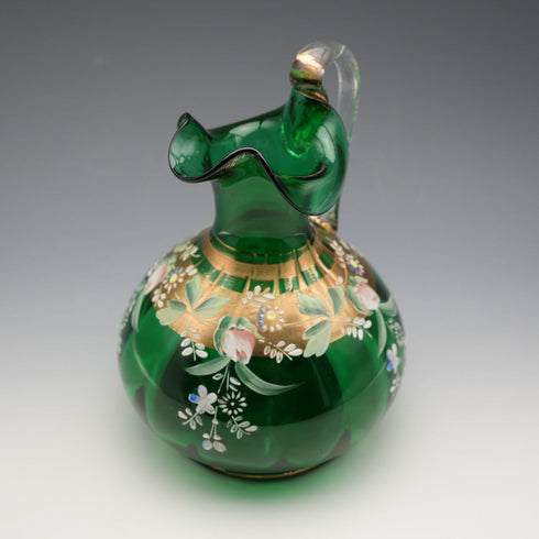 British Vintage Enamel Decorated Green Glass Handled Vase