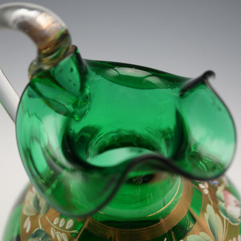 British Vintage Enamel Decorated Green Glass Handled Vase