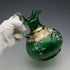 British Vintage Enamel Decorated Green Glass Handled Vase