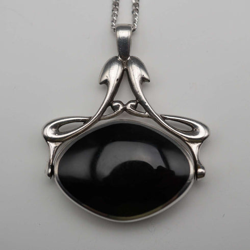 UK Vintage Sterling Silver Onyx & MOP Reversible Pendant with Sterling Silver Necklace, Total 12g