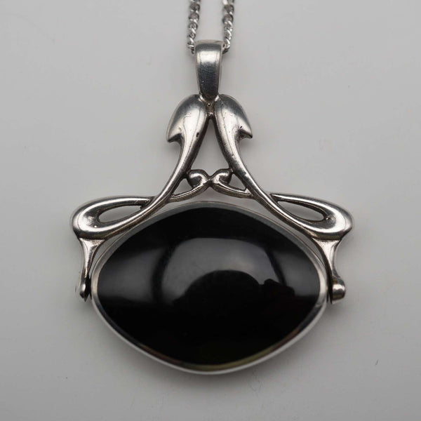 UK Vintage Sterling Silver Onyx & MOP Reversible Pendant with Sterling Silver Necklace, Total 12g