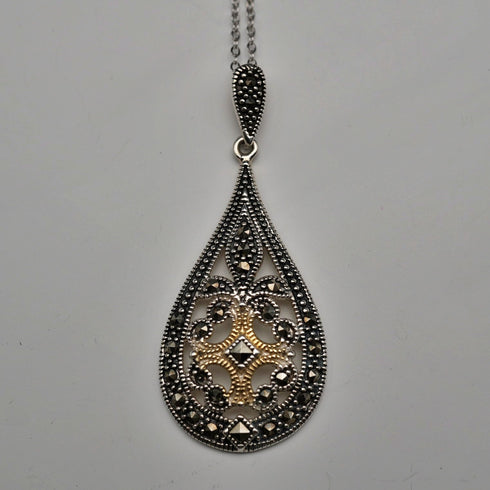 Vintage Sterling Silver & Marcasite Teardrop Pendant with Sterling Silver Necklace, Total 6.1g