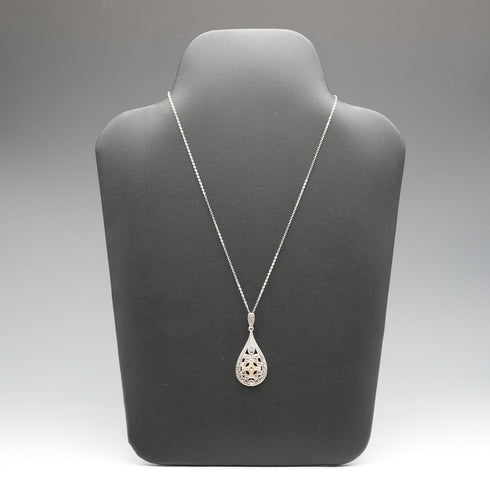 Vintage Sterling Silver & Marcasite Teardrop Pendant with Sterling Silver Necklace, Total 6.1g