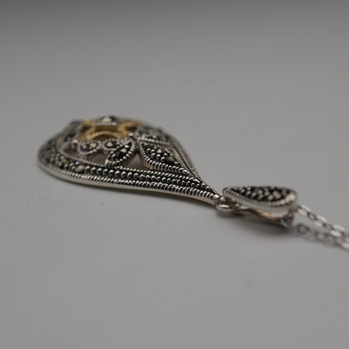 Vintage Sterling Silver & Marcasite Teardrop Pendant with Sterling Silver Necklace, Total 6.1g