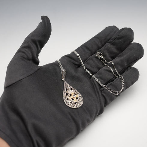 Vintage Sterling Silver & Marcasite Teardrop Pendant with Sterling Silver Necklace, Total 6.1g
