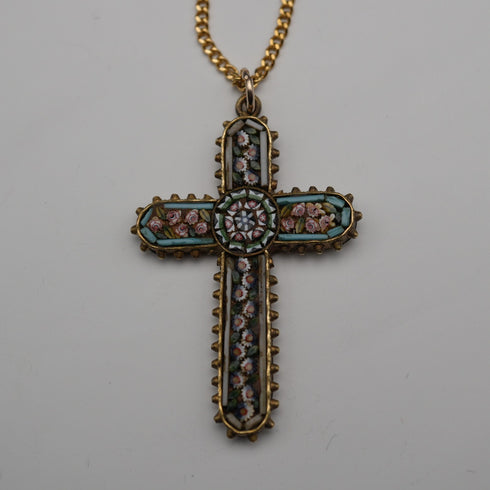 Antique Nickel & Micro Mosaic Cross Pendant with Necklace