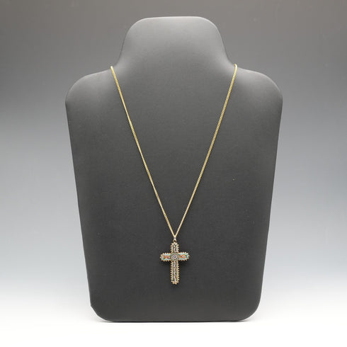 Antique Nickel & Micro Mosaic Cross Pendant with Necklace