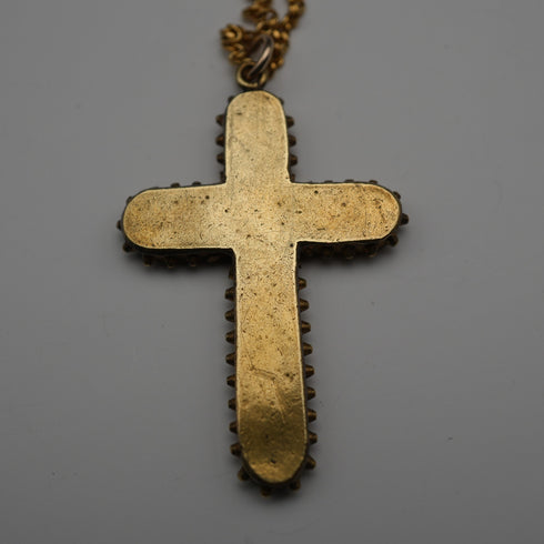 Antique Nickel & Micro Mosaic Cross Pendant with Necklace