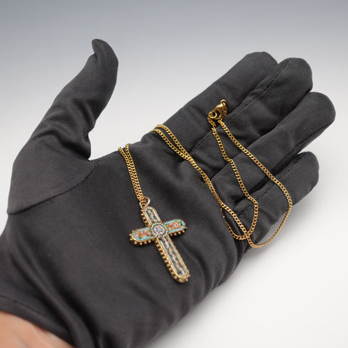 Antique Nickel & Micro Mosaic Cross Pendant with Necklace