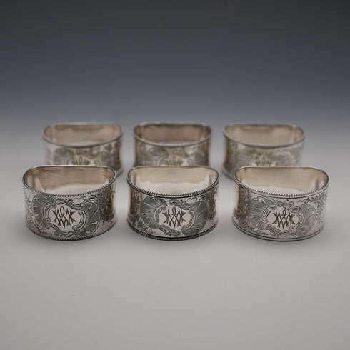 Antique British silver plate napkin rings, set of 6