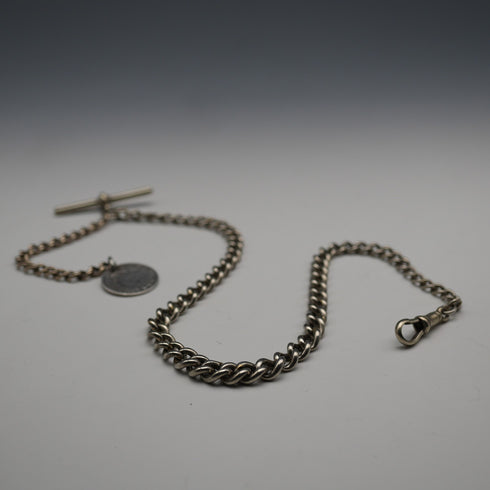 UK Antique Silver Plated Albert Chain with 1838 Sixpence Silver Fob
