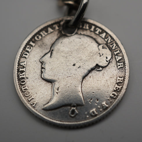 UK Antique Silver Plated Albert Chain with 1838 Sixpence Silver Fob