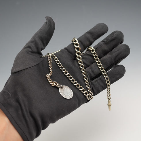 UK Antique Silver Plated Albert Chain with 1838 Sixpence Silver Fob