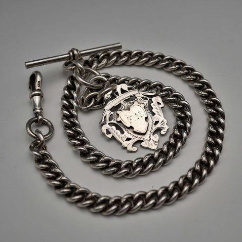 British Antique Solid Silver Albert Chain with Solid Silver Medal Fob 37cm total length 59g