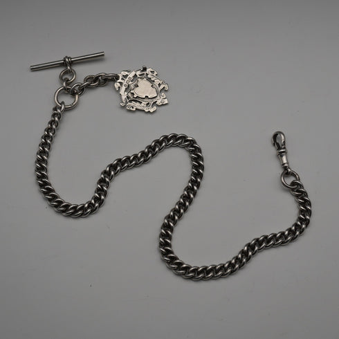British Antique Solid Silver Albert Chain with Solid Silver Medal Fob 37cm total length 59g