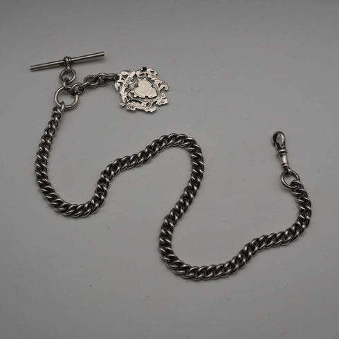 British Antique Solid Silver Albert Chain with Solid Silver Medal Fob 37cm total length 59g