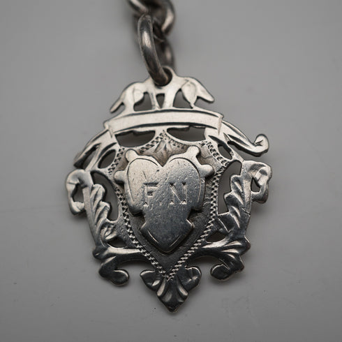 British Antique Solid Silver Albert Chain with Solid Silver Medal Fob 37cm total length 59g