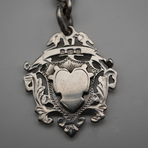 British Antique Solid Silver Albert Chain with Solid Silver Medal Fob 37cm total length 59g