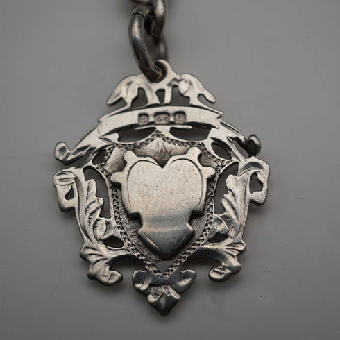 British Antique Solid Silver Albert Chain with Solid Silver Medal Fob 37cm total length 59g
