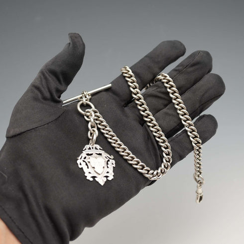 British Antique Solid Silver Albert Chain with Solid Silver Medal Fob 37cm total length 59g