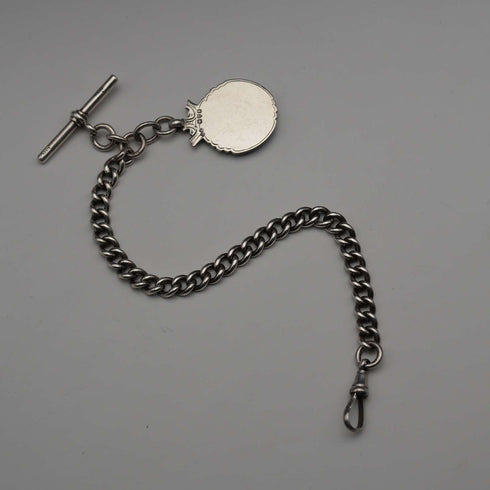 English Antique Sterling Silver Albert Chain with Sterling Silver Medal Fob, 22cm Total Length, 39g