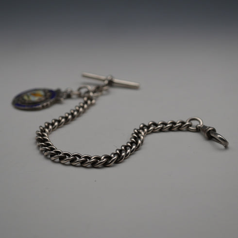 English Antique Sterling Silver Albert Chain with Sterling Silver Medal Fob, 22cm Total Length, 39g